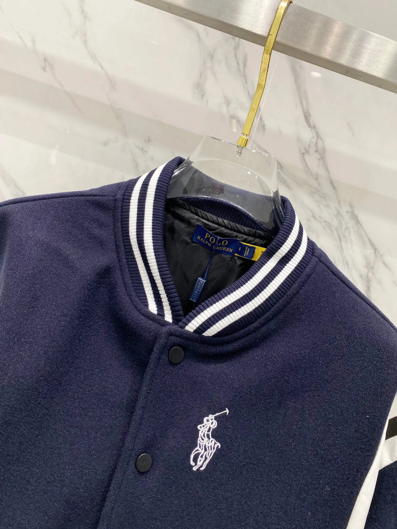P310 Ralph Lauren Pony Embroidered American Retro Wool Spliced ​​Leather Baseball Jacket with Big Logo on the Back Color: Navy Size: m-XL
